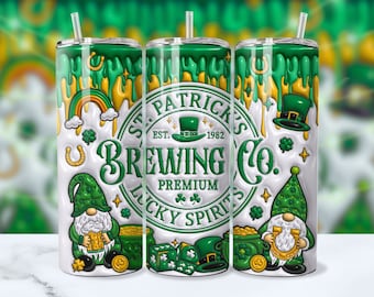 3D St Patricks Brewing Company Inflated Tumbler Wrap, St Paddy's Day Shamrock Leprechaun 20oz Puffy Tumbler Sublimation Design PNG, Download