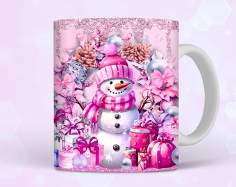 May include: A pink and white snowman mug with a pink glitter background. The snowman is wearing a pink hat and scarf and is surrounded by pink flowers and presents.