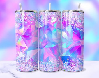 3D glitter holografische kristallen naadloze tuimelaar wrap, sprankelende 20oz rechte tuimelaar sublimatie ontwerp PNG, iriserende edelsteen downloaden