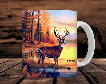 Deer Scene Mug Wrap For Men, 11oz et 15oz Mug Sublimation Design, Deer Hunter Woods Mug Wrap PNG pour lui, Téléchargement numérique instantané