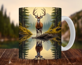 Buck Deer Mug Wrap For Men, 11oz and 15oz Mug Sublimation Design, Forest Deer Hunter Lake Reflection Woods Mug PNG For Him, Digital Download