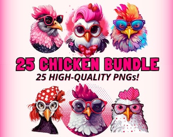 Cute Chicken PNG Bundle, Chicken PNG Funny, Cute Chicken Sublimation Design, Chicken Wearing Glasses T-Shirt Design PNG, Instant Download