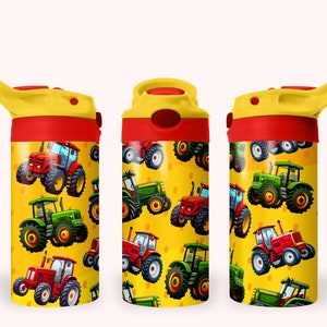 Traktor 12 Unzen Kinder Flip Top Schnabeltasse Becherverpackung, 12 Unzen gerade Becher Sublimation PNG, Kindertraktoren Becherverpackung Design für Jungen