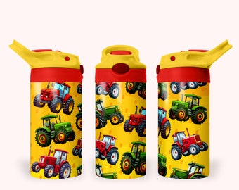 Tractor 12oz Kids Flip Top Sippy Cup Tumbler Wrap, 12oz Straight Tumbler Sublimation PNG, Childrens Tractors Tumbler Wrap Design For Boys