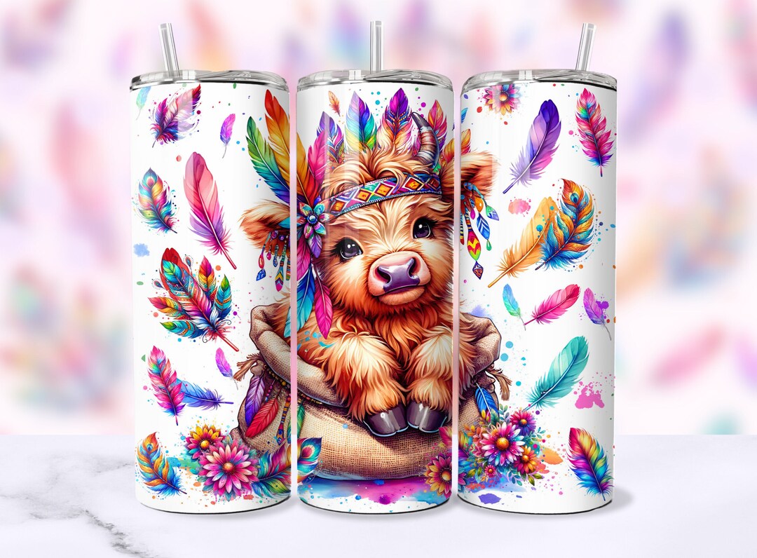 Boho Highland Cow Tumbler Wrap PNG, Cute Baby Cow 20oz Skinny Tumbler ...