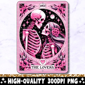 Die Liebhaber-Tarot-Karte PNG, Skelette im Liebes-Sublimationsdesign, Witchy Vibes-Liebhaber-Gothic Tarot-T-Shirt Becher Schädel PNG, trendiger Download