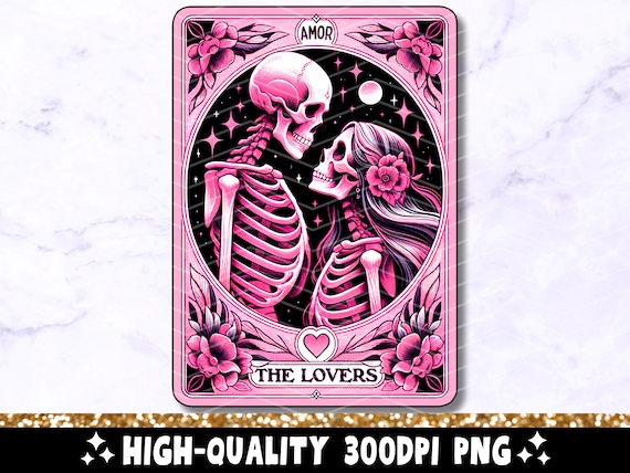 The Lovers Tarot Card PNG, Skeletons In Love Sublimation Design, Witchy Vibes Lovers Gothic Tarot T-shirt Mug Skull PNG, Trendy Download