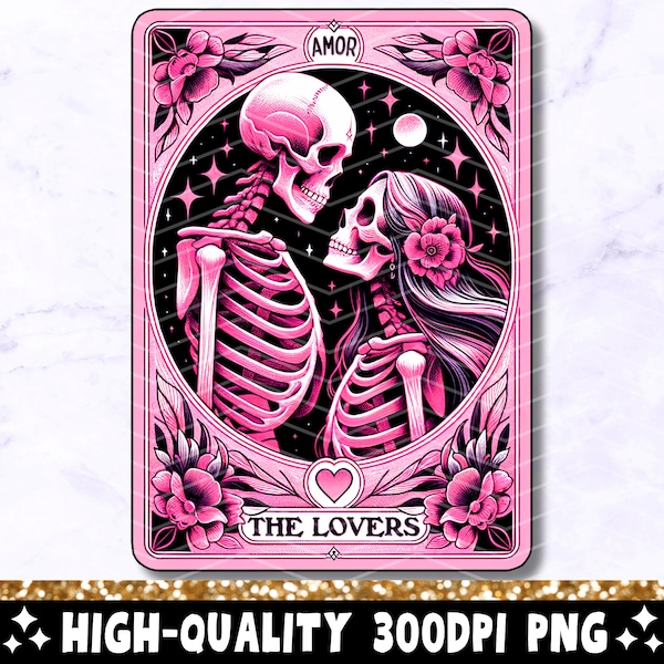 The Lovers Tarot Card PNG, Skeletons In Love Sublimation Design, Witchy Vibes Lovers Gothic Tarot T-shirt Mug Skull PNG, Trendy Download