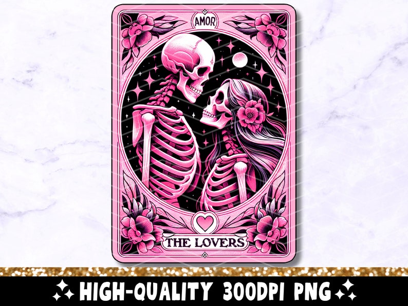 PNG design of a hand drawn pink tarot card that says THE LOVERS with a male and female skeleton looking at each other in love