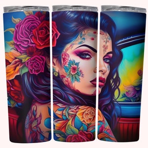 a mockup of a tumbler wrap digital design sublimation png.  a beautiful Latina Chicana Chola woman with colorful tattoos in a vintage car.  Latinx Chola tumbler wrap.
