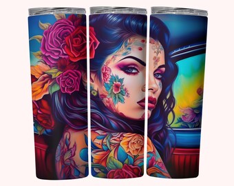 Chicana Tumbler Wrap, Sublimación de envoltura de vaso flaco de 20 oz PNG, Descarga instantánea, Envoltura de vaso recto + cónico PNG, Diseño de vaso Chola