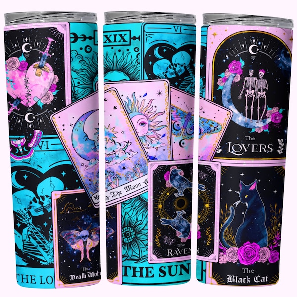 Tarot Cards Tumbler Wrap, Witchy Vibes Celestial 20oz Skinny Straight Tumbler Wrap Sublimation Design, Witch Wicca Tumbler PNG Download