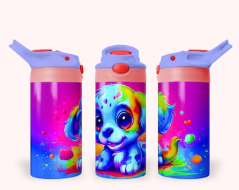 Neon Puppy 12oz Kids Flip Top Sippy Cup Tumbler Wrap, 12oz Straight Tumbler Sublimation PNG, Childrens Doggie Tumbler Wrap For Kids