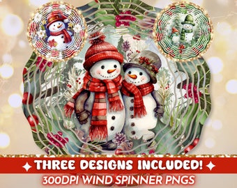May include: Three digital designs of winter wind spinners featuring snowmen with red scarves and hats in a snowy forest setting.  The designs are 300 DPI PNG files.