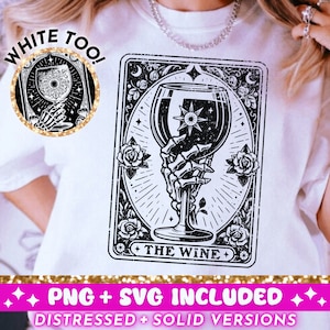 Die Wein-Tarot-Karte SVG PNG, Skelett Sublimationsdesign, Witchy Vibes T-Shirt Design, himmlische Weinliebhaber SVG PNG-Datei, digitaler Download