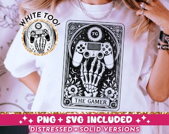 Die Gamer Tarot Karte SVG PNG, Skelett Sublimationsdesign, Witchy Vibes Gaming T-Shirt Design, Videospiel PNG SVG Cut Datei digitaler Download