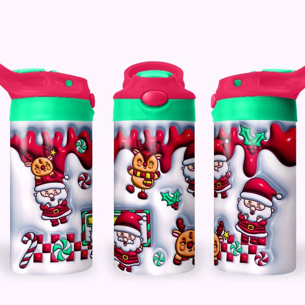 Cute Christmas 12oz Kids Flip Top Sippy Cup Tumbler Wrap, 12oz Straight Tumbler Sublimation Design PNG, Childrens Santa Inflated Tumbler PNG