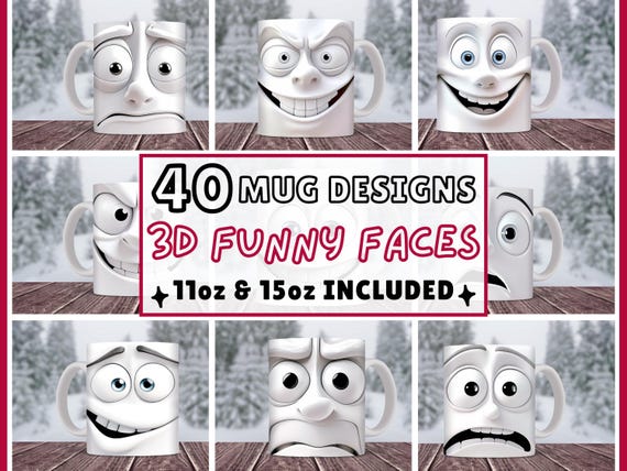Funny Faces 3D Mug Wrap BUNDLE, Sarcastic Mug Sublimation Design PNGs, 3D Carved Cartoon Face 11oz 15oz  Mug Png Template, Digital Download