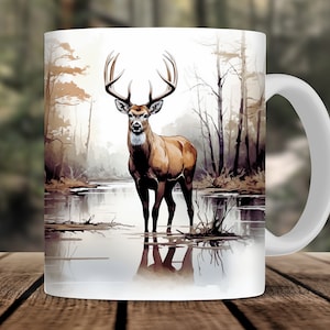Wilderness Deer Hunting Mug Wrap, 11oz and 15oz Mug Sublimation Design, Buck Deer Hunter Woods Men's Mug PNG For Him, Digital Download