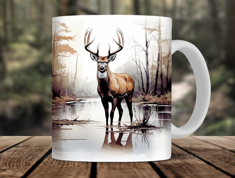 Coffee mug with digital design sublimation wrap png.  the image is a watercolor buck deer in a natural setting.  cool mug for men hunters and nature lovers.  mug wrap sublimation png for men