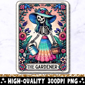 The Gardener Tarot Card PNG, Diseño de sublimación de esqueleto, Funny Plant Lady Gardening Lover Skull Tarot Camiseta Taza PNG Archivo Descarga digital