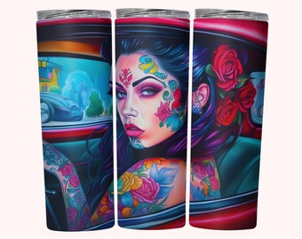 Chicana Tumbler Wrap, Sublimación de envoltura de vaso flaco de 20 oz PNG, Descarga instantánea, Envoltura de vaso recto + cónico PNG, Diseño de vaso Chola