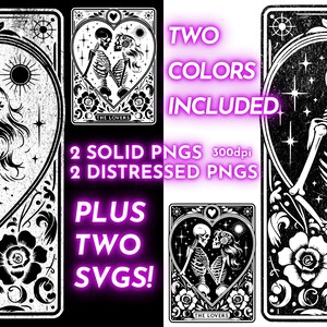 May include: Black and white digital art featuring tarot card designs. The central image is a heart-shaped frame with skeletons embracing, labeled "The Lovers." Text includes "TWO COLORS INCLUDED," "2 SOLID PNGS," "2 DISTRESSED PNGS," and "PLUS TWO SVGS!"
