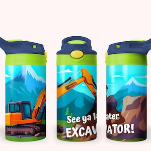 Excavator 12oz Kids Flip Top Sippy Cup Tumbler Wrap, 12oz Straight Tumbler Sublimation PNG, Boys Construction Tumbler Wrap Kids Design PNG