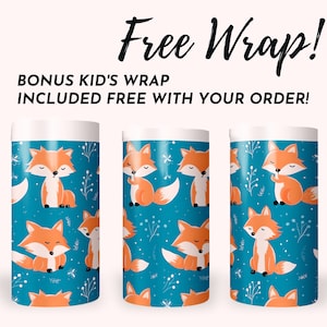 image showing that a free kids sippy cup tumbler wrap digital design sublimation is included with the purchase.  the design is cute foxes.
