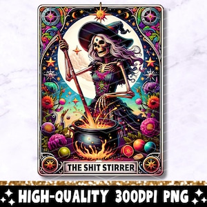 Carta de Tarô The Shit Stirrer PNG, Design de Sublimação de Esqueleto de Bruxa Sarcástica, Camiseta Engraçada de Halloween com Xingamentos e Caveira da Moda PNG, Baixar