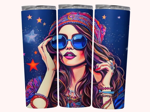 Hippie Girl Boho Tumbler Wrap, 20oz Skinny Tumbler Sublimation Design, Instant Download, Straight & Tapered Tumbler, Witchy PNG