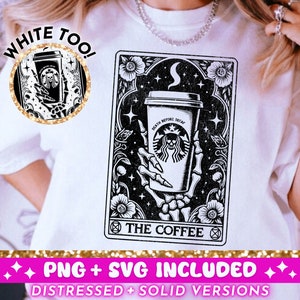 Die Kaffee-Tarot-Karte SVG PNG, Skelett Sublimationsdesign, Witchy T-Shirt Design, lustige Kaffeeliebhaber SVG PNG-Datei, digitaler Download