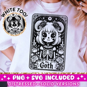 La carta del tarot gótico SVG PNG, diseño de sublimación de esqueleto de chica gótica, camiseta gótica Witchy Vibes png SVG Cut File, Descarga digital del tarot