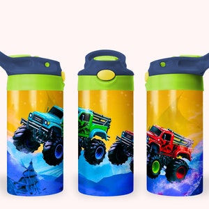 Monster Truck 12oz Kids Flip Top Sippy Cup Tumbler Wrap, 12oz Straight Tumbler Sublimation PNG, Childrens Trucks Tumbler Wrap Design