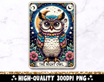 Op de afbeelding: Een tarotkaart in vintage stijl met een kleurrijke uil met grote, ronde brillen. De uil wordt omringd door bloemen en een halve maan. De kaart heeft de tekst "The Night Owl".