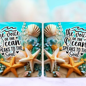 May include: Two turquoise mugs with a blue handle. The mugs feature a beach scene with seashells, starfish, and the text "the voice of the ocean speaks to the soul".