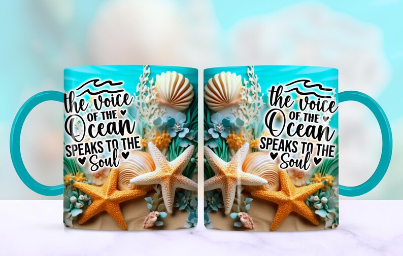 May include: Two turquoise mugs with a blue handle. The mugs feature a beach scene with seashells, starfish, and the text "the voice of the ocean speaks to the soul".