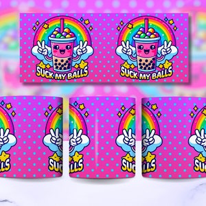 May include: White ceramic mug with a pink background and white polka dots. The mug features a rainbow, a cartoon bubble tea with a face, and the text "SUCK MY BALLS".