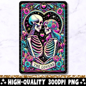 Die Liebhaber Tarot Karte PNG, Skelette im Liebe Sublimationsdesign, Witchy Vibes Liebhaber Gothic Tarot T-Shirt Becher Schädel PNG, digitaler Download
