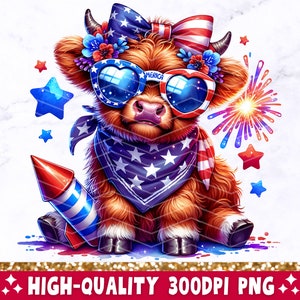 May include: A Highland cow wearing red, white, and blue sunglasses, a bandana, and a bow. The cow is surrounded by fireworks and stars.