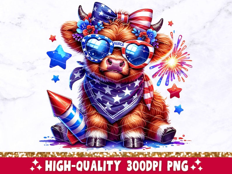 Colorful PNG clip art style image of a baby highland cow surrounded by fireworks and red white and blue colors.  colorful Fourth of July cow image with the word merica.