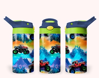 Monster Truck 12 oz flip-top kinderbeker beker beker wrap, 12 oz rechte beker sublimatie png, kindertrucks beker wrap ontwerp