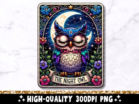 夜のフクロウのタロットカード PNG、面白いフレーズのフクロウの昇華