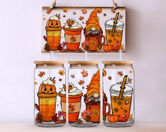 Cute Fall 16oz Glass Can Wrap, Pumpkin Spice Gnome UVDTF Sublimation Design, 16oz Autumn Latte Halloween Glass Jar Tumbler Libbey Wrap PNG