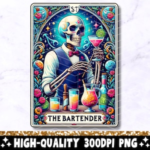 La carta dei tarocchi del barista PNG, divertente disegno di sublimazione dello scheletro del barista, pub bar cocktail teschio tarocchi t-shirt tazza PNG, download digitale