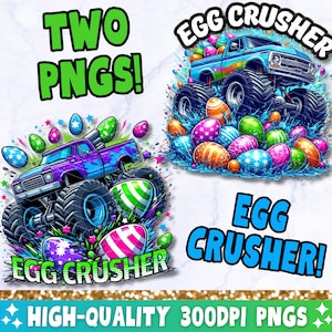 May include: A purple and blue monster truck with the text "Egg Crusher!" on the side, surrounded by colourful Easter eggs. The truck is driving through a pool of water with splashes. The text "TWO PNGS!" and "HIGH-QUALITY 300DPI PNGS" are also visible.