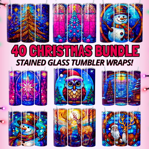 Stained Glass Christmas Tumbler Wrap Bundle, 20oz Skinny Tumbler Wrap Sublimation PNGs, Digital Download, Holiday Santa Tumbler Designs