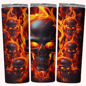 Melted Skull Tumbler Wrap PNG, Skull Fire Tumbler Sublimation Design, 20oz Skinny Tumbler Design, Instant Download, Flaming Skulls PNG