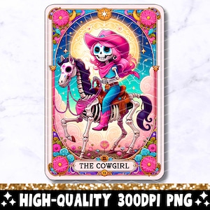 Die Cowgirl-Tarot-Karte PNG, lustiger Skelettschädel trendiges Sublimationsdesign, Country Western T-Shirt Becher PNG-Datei, sofortiger digitaler Download