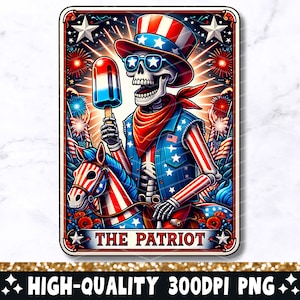 Le patriote drôle de carte de tarot PNG, conception de sublimation squelette américain, 4 juillet tendance crâne USA fichier PNG, téléchargement numérique populaire